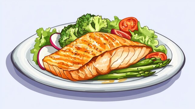 Grilled salmon fillet served with a fresh vegetable salad featuring radish, tomatoes, green peppers, broccoli, and asparagus on a plate