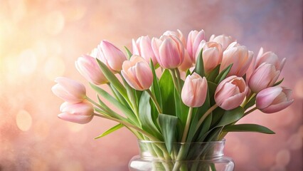 Obraz premium A Delicate Bouquet of Soft Pink Tulips, Gracefully Arranged in a Clear Glass Vase, Basking in the Warm Glow of a Subtle, Dreamy Background