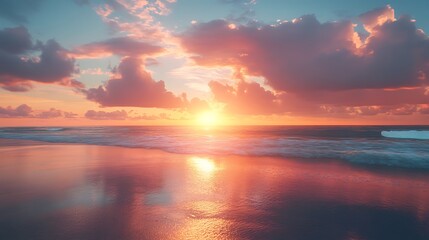 Naklejka premium Sunset serenity reflections on ocean waves in coastal paradise