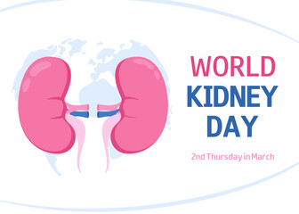 World Kidney Day concept medical background, poster, banner. 2nd Thursday in March. 
Vector illustration of kidneys, text, world map silhouette. Health awareness campaign.