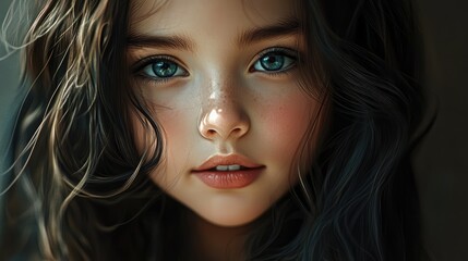 Close up portrait of an enchanting young girl with long dark wavy hair and captivating blue eyes showcasing natural beauty and innocence