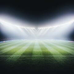 A dimly lit football stadium with illuminated floodlights highlighting the grassy field, creating an atmospheric pre-game ambiance.