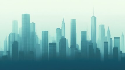 Fototapeta premium Silhouetted modern skyscrapers with a misty urban backdrop in a contemporary city skyline illustration.