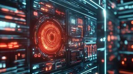 Fototapeta premium Futuristic digital interface with glowing elements for data analysis and technology-themed projects