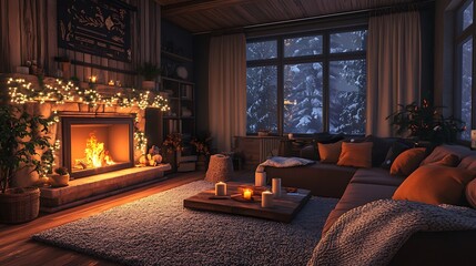 Fototapeta premium Cozy winter evening by the fireplace living room decorative scene