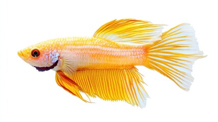 Fototapeta premium Vibrant Betta splendens fish in striking yellow hues displayed on a clean white background showcasing its elegant fins and features