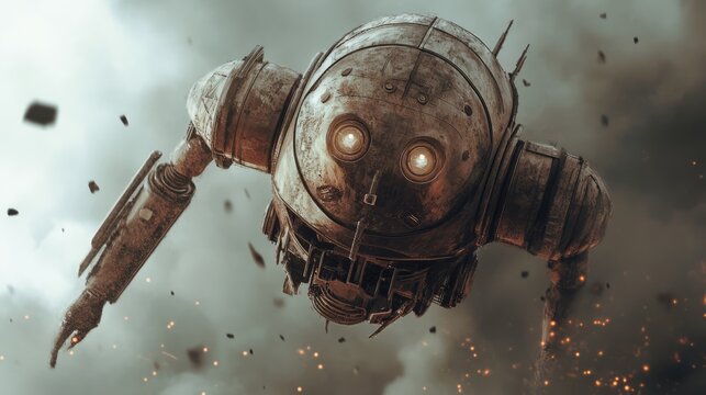 Vintage robotic machine with glowing eyes amidst debris and smoke in a dramatic sci-fi landscape.