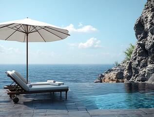 Tranquil Oceanside Poolside Relaxation Scene With Lounge Chairs