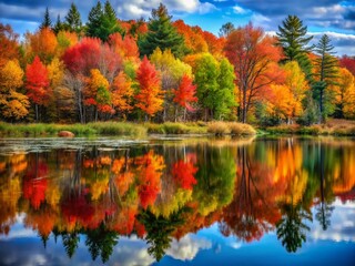 Obraz premium Enchanting Fall Colors in the North Swamp Park, Quebec: A Double Exposure Journey Through Nature's Splendor and Reflections in the Tranquil Wetlands