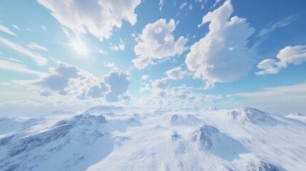 Fototapeta premium Aerial view of a snowy landscape under a vibrant blue sky with fluffy clouds and sunlight illuminating the serene winter scene