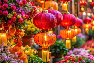 Fototapeta premium Enchanting Floral Chinese New Year Decoration Background with Lanterns, Emphasizing Tilt-Shift Photography for a Festive and Colorful Celebration Atmosphere