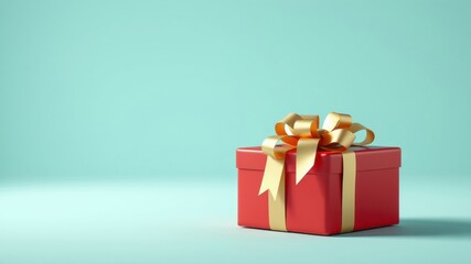 Fototapeta premium A red gift box adorned with a golden bow sits elegantly on a soft blue background, symbolizing celebration and joy.