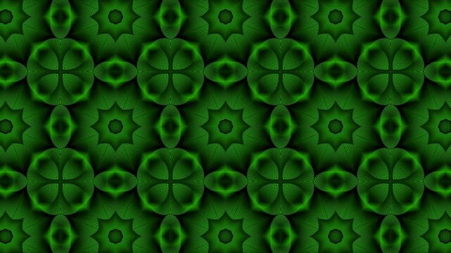 Motifs g&eacute;om&eacute;triques r&eacute;p&eacute;t&eacute;s en forme de mandala vert dans un design sombre et complexe convenant aux arri&egrave;re-plans, textiles, papiers peints ou graphiques de marketing num&eacute;rique.
