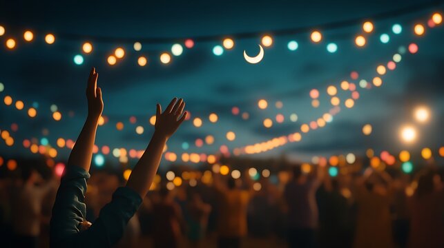 Person's Hands Raised with a Crescent Moon and String Lights in the Background