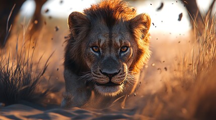 Naklejka premium Lion charges through dusty savannah wildlife photography nature scene
