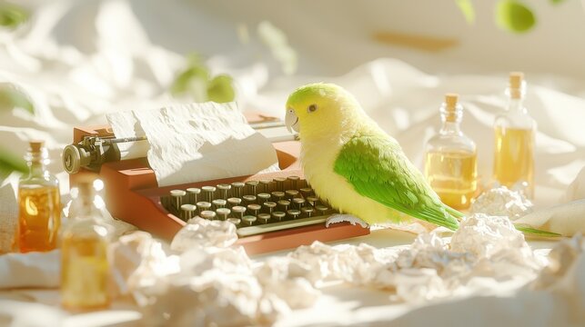 Parakeet poet at a typewriter creative workspace animal art bright environment close-up view imagination unleashed