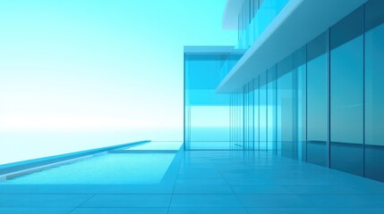 Obraz premium Contemporary architectural design featuring glass panels and sleek lines with a serene blue sky and tranquil pool creating a modern atmosphere