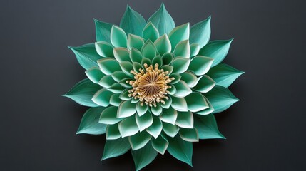 Obraz premium Handmade green paper flower viewed from above showcasing intricate layers and vibrant colors against a dark background.