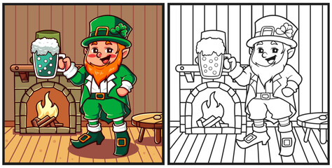 St Patrick is holding a drink inside the house near the campfire coloring page illustration