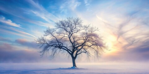 A lone bare tree stands in a field of snow, bathed in the soft light of a winter sunset, with wispy clouds stretching across a blue sky