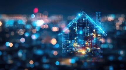 Fototapeta premium Creative hologram of a smart house with bright digital elements overlaid on a blurred cityscape at night, illustrating artificial intelligence and virtual assistant themes, technology, innovation, urb