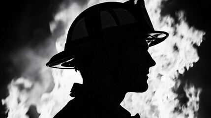 Firefighter silhouette against intense flames.