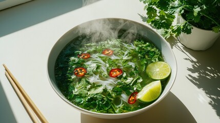 Steaming bowl of vietnamese pho with fresh herbs kitchen food cozy home close-up culinary delight