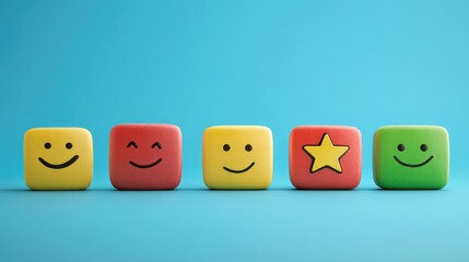 Fototapeta premium Customer satisfaction ratings concept with smiley face icons showcasing feedback levels in business service reviews on a vibrant blue background