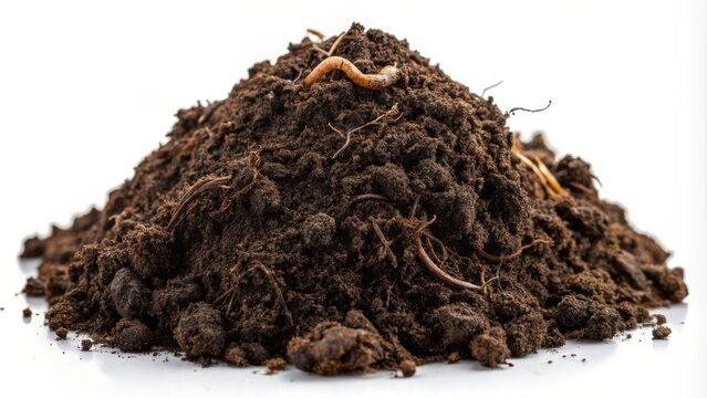 A close-up view of a pile of fertile dark brown soil with visible worm casts and roots, isolated on a white background