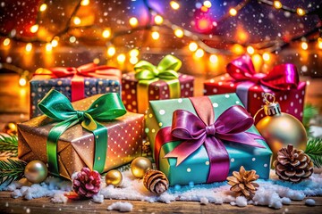 Enchanting Low Light Photography of Christmas Presents, Bells, Bows, and Snowflakes Creating a Magical Winter Wonderland with a Merry Christmas Theme