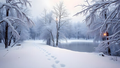 Obraz premium A serene winter forest covered in a blanket of fresh snow. 