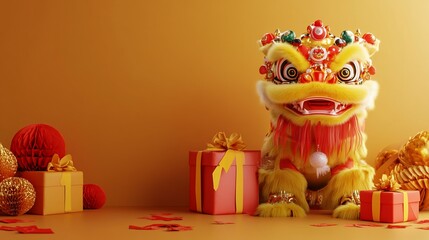 Fototapeta premium Festive lion dance costume with gifts.