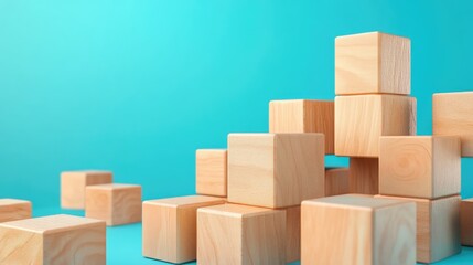 Fototapeta premium Wooden cubes stacked on a blue background creating a playful and engaging composition for educational or creative themes.