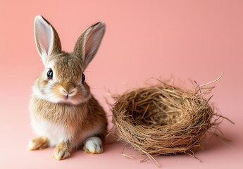 Obraz premium Easter Bunny sitting next to an empty straw nest