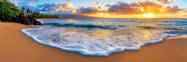 Obraz premium Serene Sunset Beach Scene - Tranquil ocean waves, golden sunset, sandy beach, palm trees, peaceful atmosphere. Symbolizing: serenity, relaxation, escape, beauty, nature.