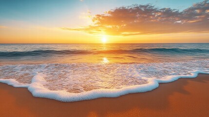 Obraz premium Serene Sunset Over Tranquil Ocean Waves at Sandy Beach Shoreline