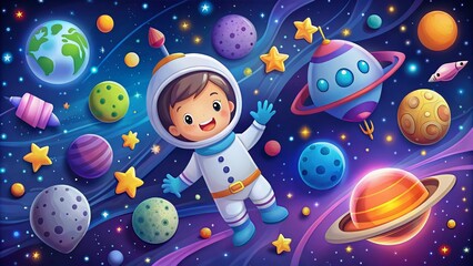 Naklejka premium Enchanting Night Photography of a Cute Space Setup Featuring an Astronaut, Space Station, Rocket, and Colorful Planets Against a Starry Sky