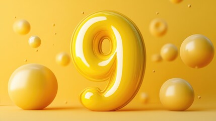 3D glossy yellow number nine surrounded by yellow spheres on a vibrant background