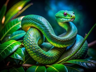 Fototapeta premium Enchanting Night Photography of a Cute Green Snake Gliding Through Lush Tropical Foliage with Soft Moonlight Glow, Capturing Nature's Serene Beauty and Intriguing Wildlife Moments