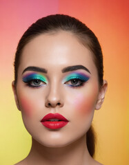 Fototapeta premium A woman’s upper half with colorful rainbow makeup, bold lipstick, black eyeshadow, and vibrant details.