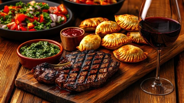 Argentinian asado feast featuring grilled steak and empanadas outdoor dining culinary delights rustic setting gourmet experience