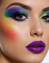 Fototapeta premium A woman’s upper half with colorful rainbow makeup, bold lipstick, black eyeshadow, and vibrant details.
