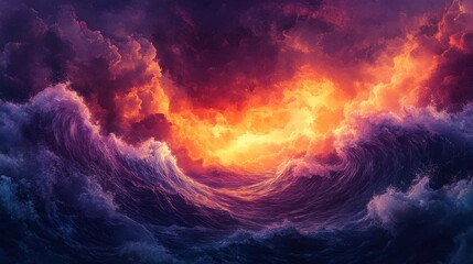 Obraz premium Dramatic waves clash against fiery skies at sunset over the ocean in a breathtaking display of nature\'s power and beauty