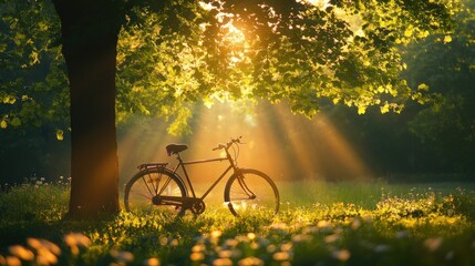 Fototapeta premium Serene sunrise illuminates a vintage bicycle parked beneath a leafy tree in a sunlit meadow.