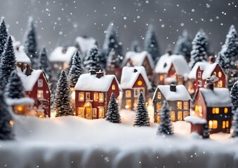 Small mini village covered in snow with bright lights shining from the houses on white light background