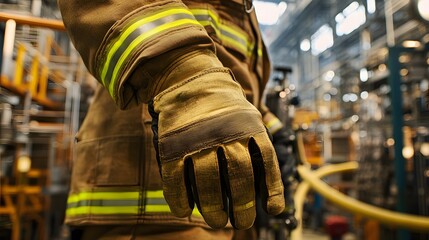 Heavy-duty firefighter gloves and uniform close-up, factory equipment surrounding.