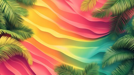 Obraz premium Vibrant tropical landscape with flowing colors and lush palm leaves in a sunset atmosphere