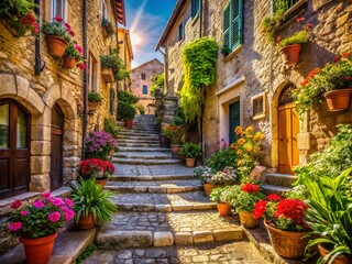 Fototapeta premium Enchanting Passageway with Winding Stairs in an Historic Touristic Town, Showcasing Cobblestone Streets and Charming Architecture under a Clear Blue Sky