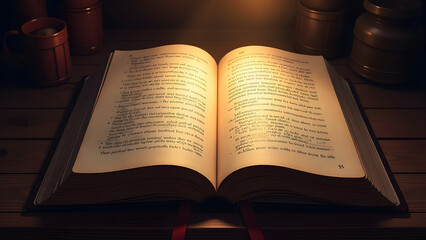 An open book, on a wooden table.