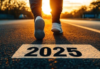A person is walking on the road, with "2025" written in black letters next to them.